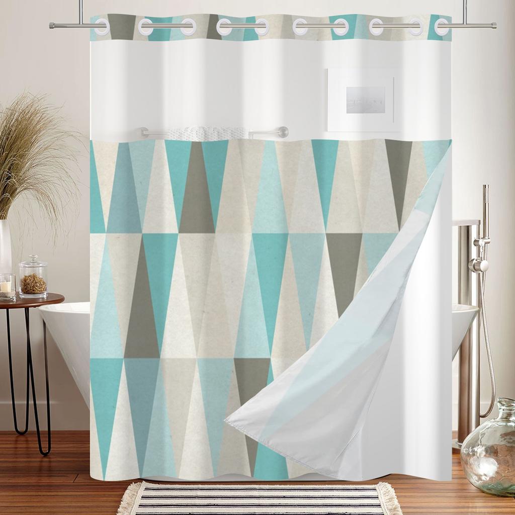 Hookless Double Layer Shower Curtain Geometric Pattern Printed Removable Lined Bathtub Waterproof Bathroom Curtains Decoration