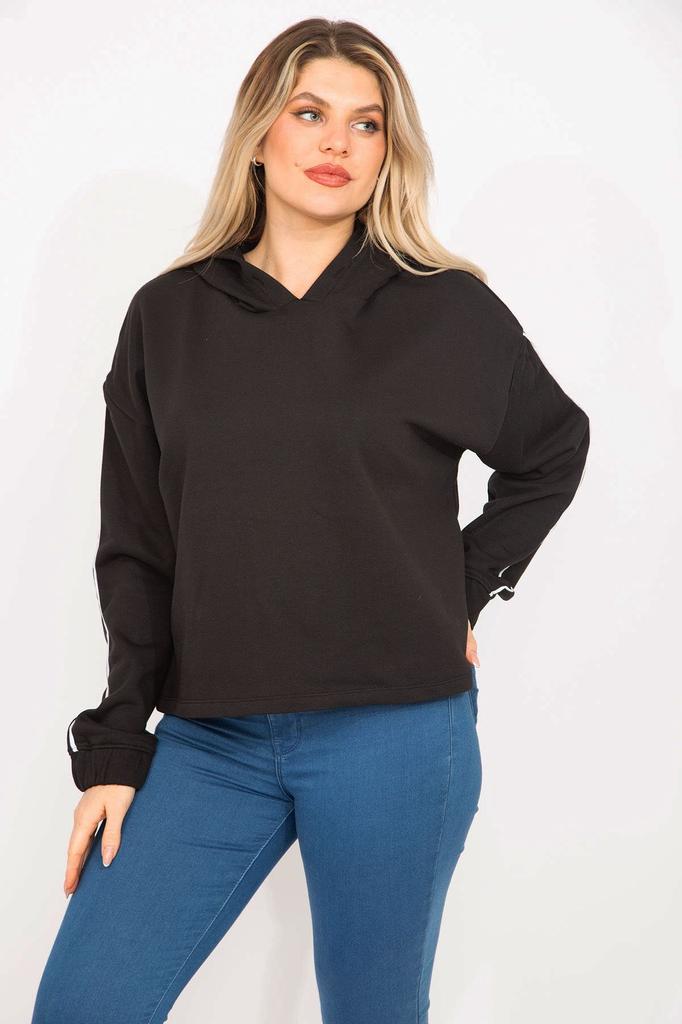 Damenstil Übergröße Sweatshirt Große Größe Schwarz Ärmel Kapuzensweatshirt mit Paspeldetail