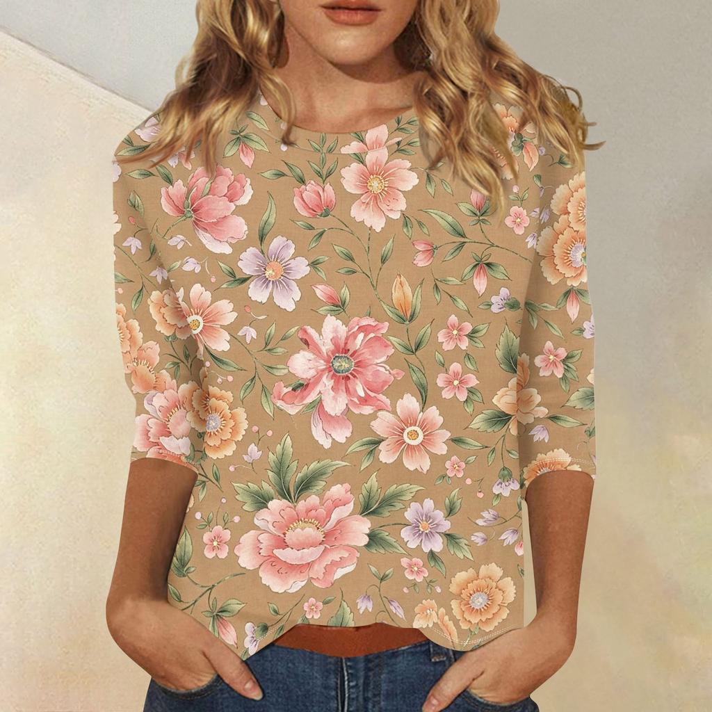 Damen Casual Oberteil mit Blumendruck 3/4 Ärmel Rundhalsausschnitt Leichter weicher Stoff Bequeme Passform Stilvolles Design für den Alltag