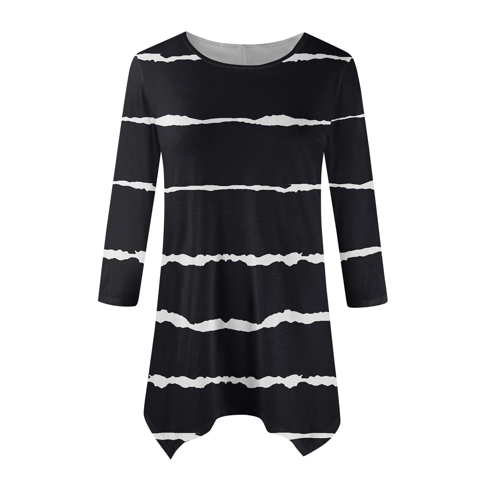 Women s Fashion Casual Round Neck Striped Printed Seven-point Sleeve Shirt Belted Loose Comfortable Top L