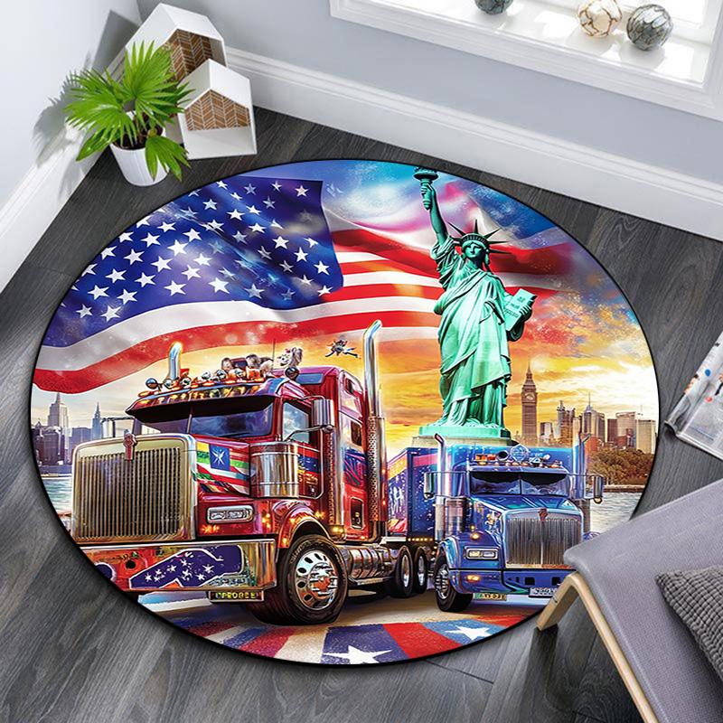 

Круглый ковер с изображением американских грузовиков и Статуи Свободы, Ковер для гостиной, спальни, дивана, игровой комнаты, Нескользящий коврик для пола 80cmx80cm