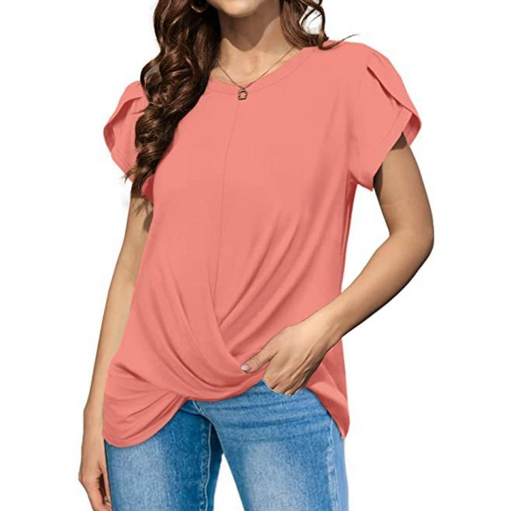 Women's Solid Color Twist Knot Crew Neck Short Sleeve T-Shirt, Popular Casual Top for European American Women Crossborder Fashion