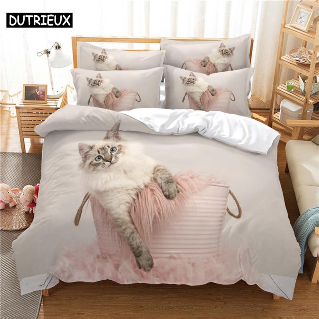 3D Digital Printing Fashion Design Queen Size Lovely Cat Bedding Set, Duvet Cover Set