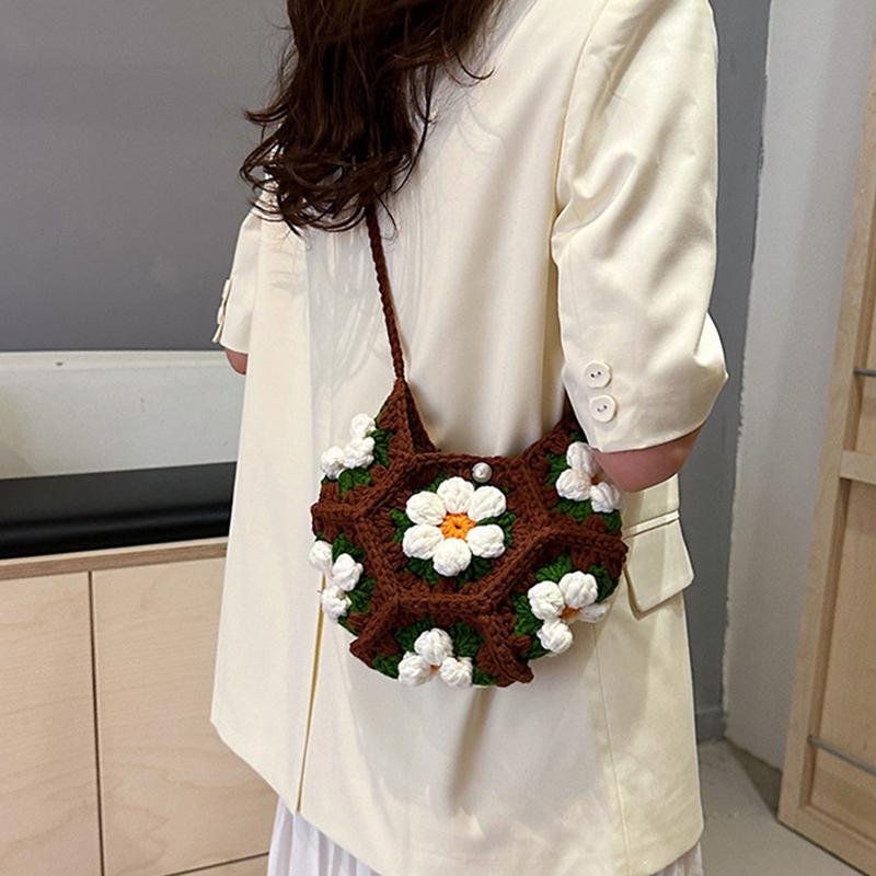 Yogodlns Handwoven Crochet Shoulder Bag with Floral Pattern Women Sweet Style Fashion Moon Crescent Shap Crossbody Bag for Holiday Travel