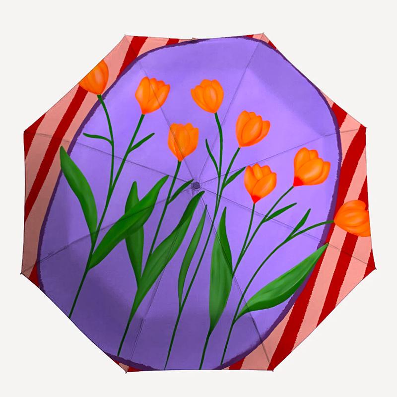 

1pc Tulips Spring Automatic Folding Umbrella - Compact 8-Rib Design, Durable Plastic & Iron, Festive Gift, Compact Umbrellan010