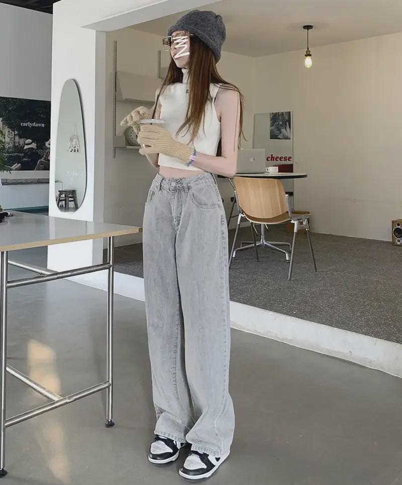 Women's High-Waist Light Gray Wide-Leg Retro Jeans