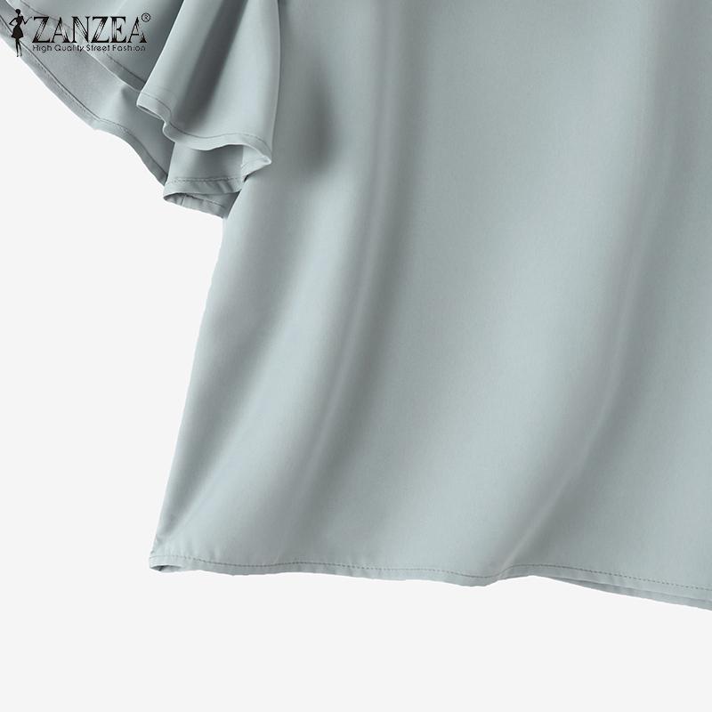 ZANZEA Women Fashion Round Neck Lantern Short Sleeve Tied Blouses