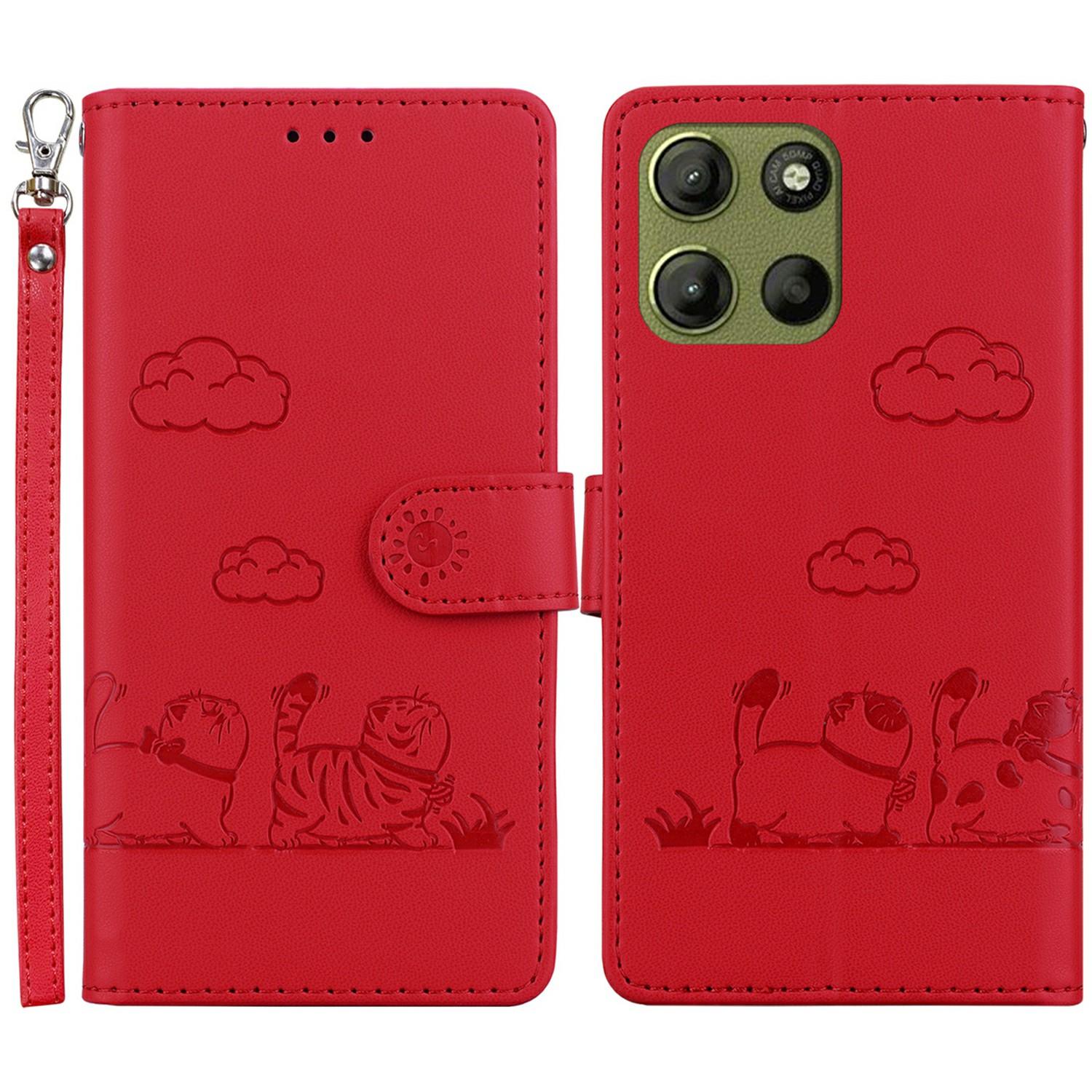 

For Motorola Moto G15 4G Case RFID Blocking Kitten Pattern TPU+PU Leather Phone Cover Red