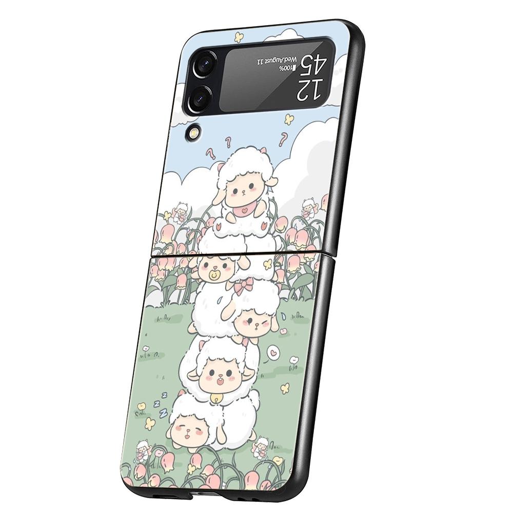 Harte PC-Handyhülle Für Samsung Galaxy Z Flip 7 6 5 4 Schwarze Hülle Für Galaxy Z Flip 3 Faltbare Capas Niedliches Lamm Engel Schaf