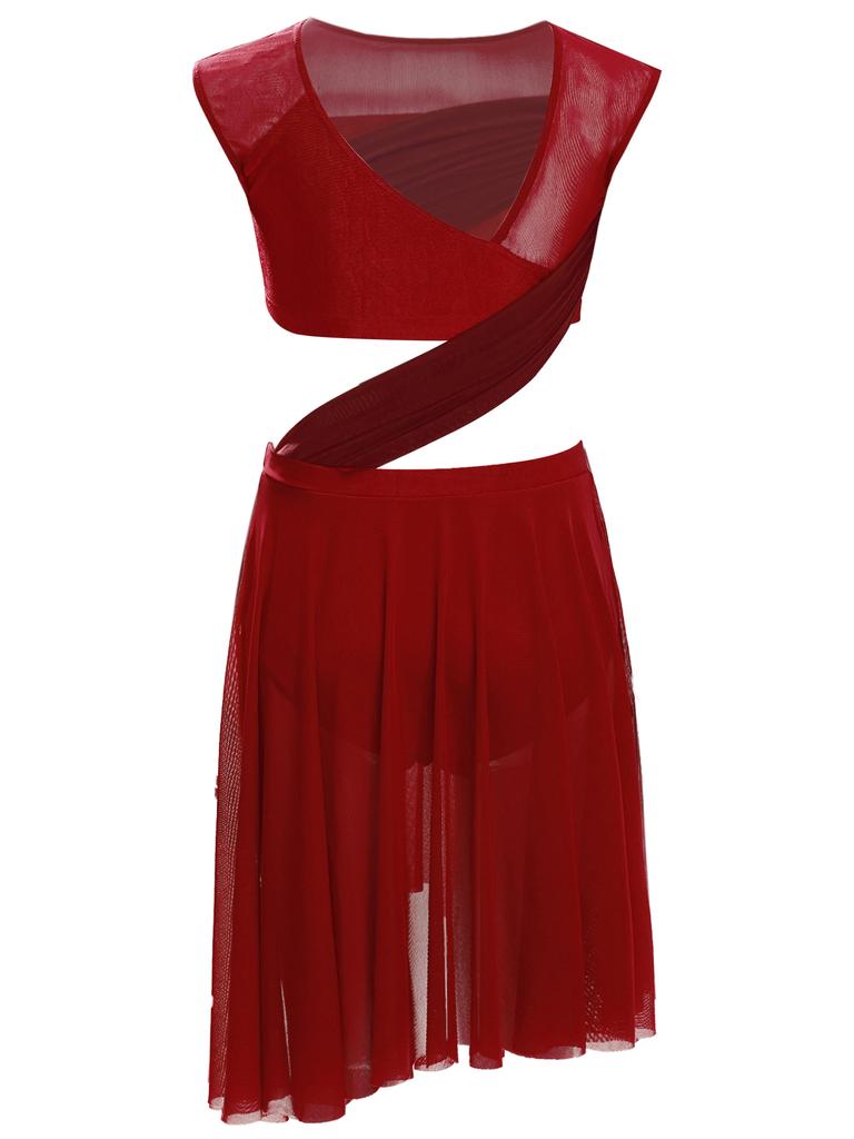 Mergaičių Lyrinio šokio suknelė Vientisa Berankovė Permatomo tinklelio Patchwork Asimetriškas kraštas Pasirodymo kostiumas