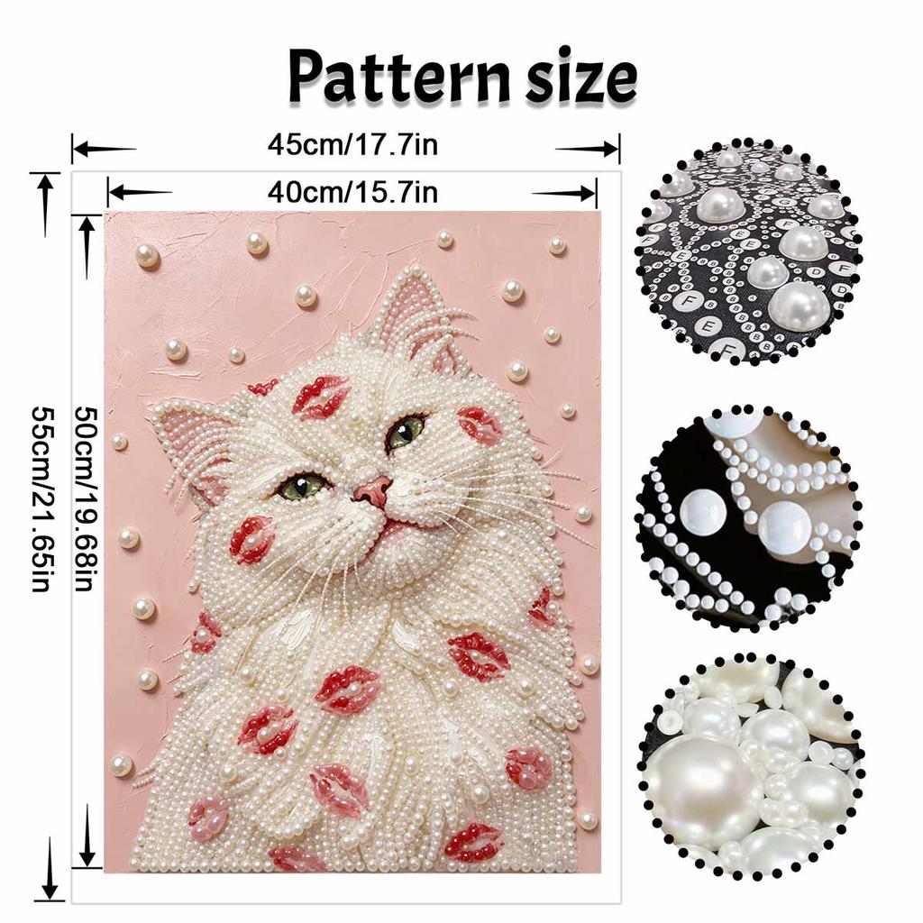 Easy DIY Framed Pearl Bead Painting Kit with Romantic Kiss Lips White Cat 3D Sparkling Canvas Art for Home Decoration Gift Idea