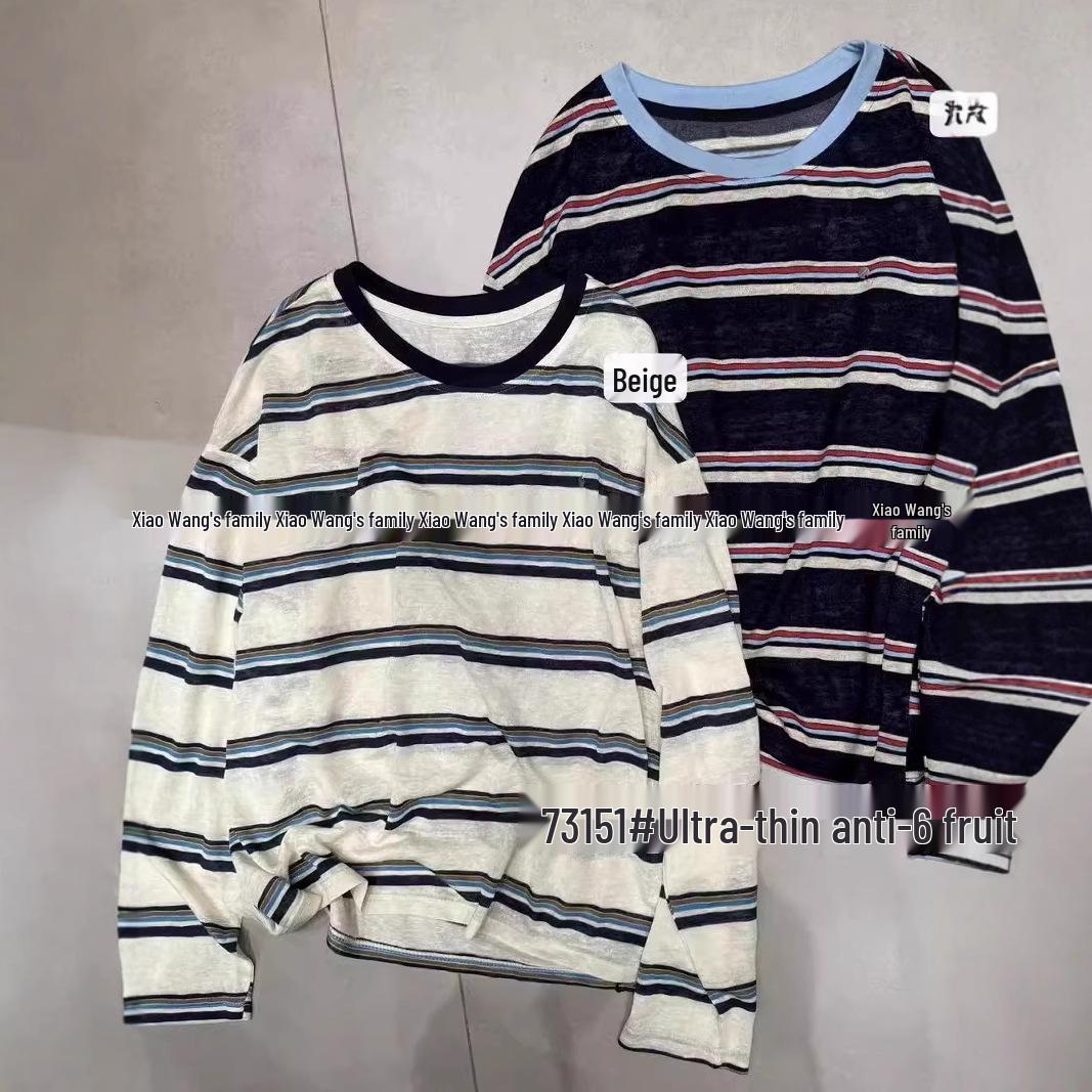 

Xiao Wang s Korean Style Plus Size Color Block Striped Sun Protection T-shirt One Size темно-синий