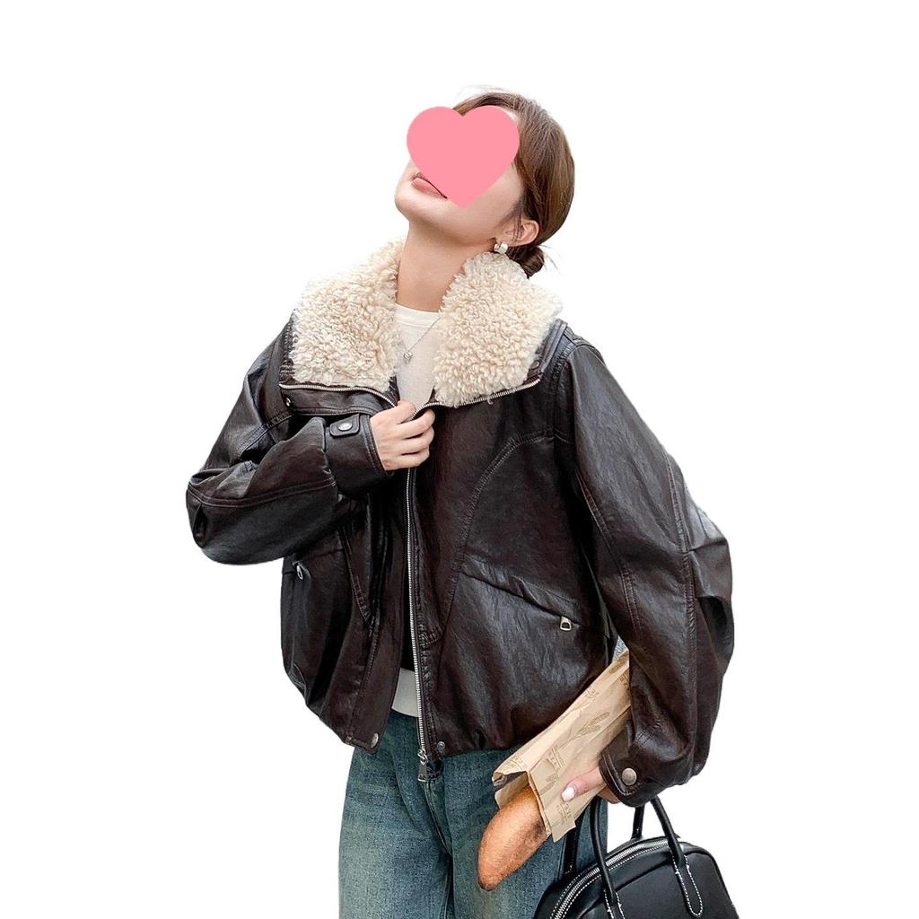 Women's Autumn/Winter 2025 Plus Velvet Plush Lapel Leather Coat - Warm, Thick, Loose, Slimming Cotton Jacket