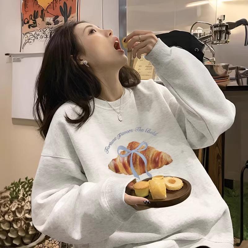 Sweatshirt Bleu Marine pour Femme Imprimé Croissant Coupe Ample Col Rond Doublé Polaire Pull Décontracté