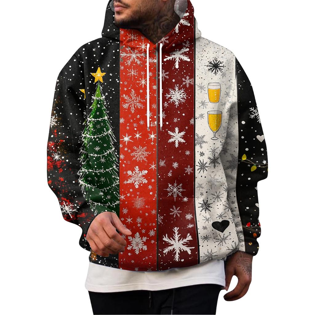 Men's Casual Trendy Christmas Print Loose Fit Pullover Hoodie Long Sleeve with Large Pockets