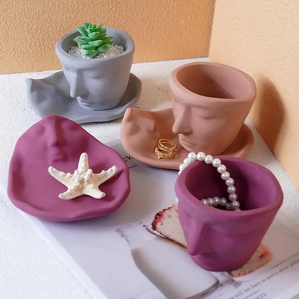 Abstract Face Jar Tray Silicone Mold Handmade Gypsum Cement Storage Saucer Candle Jar Container Cup Art Crafts Home Decor