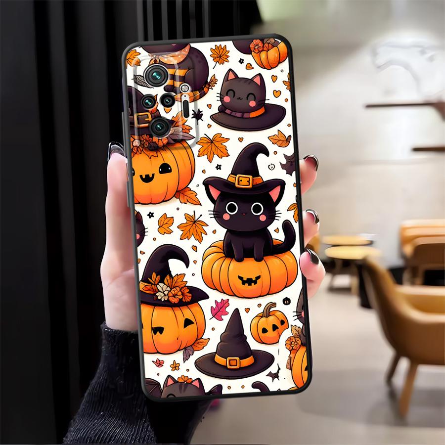 Case for Xiaomi Redmi Note 9S 9 10 11 12 Pro 11s 13 14 Pro Plus 12s 10S 7 8 Black Soft Phone Cover Pumpkin Cat