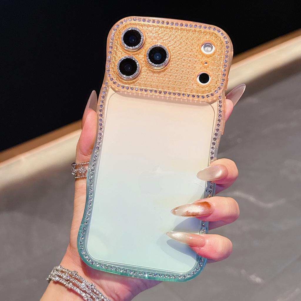 For iPhone 17 Pro Max Case Rhinestone Decor Wave Frame Gradient Design TPU Phone Cover