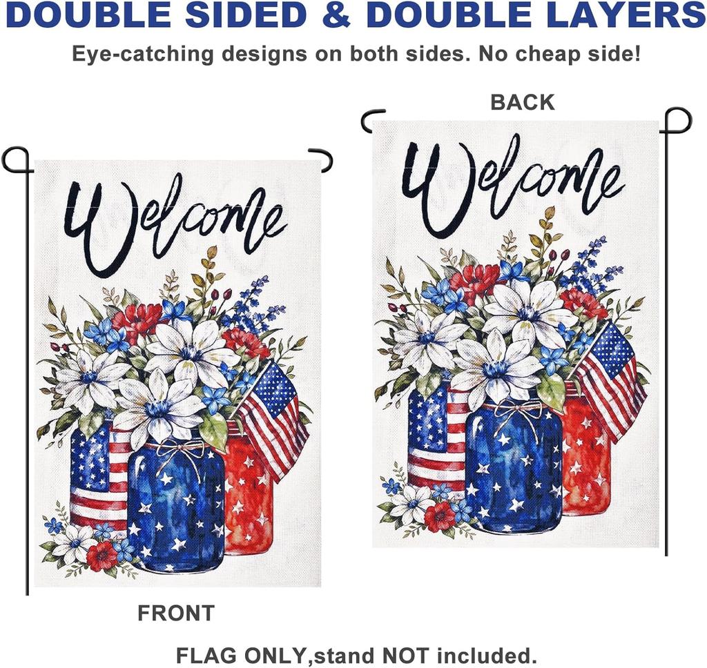 12 x 18 Inches Patriotic Floral Welcome Garden Flag - Double Sided Mason Jar Flowers and American Flag Printed Holiday Yard