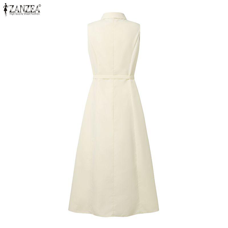ZANZEA Women Casual Turn Down Collar Summer Sleeveless Long Dress