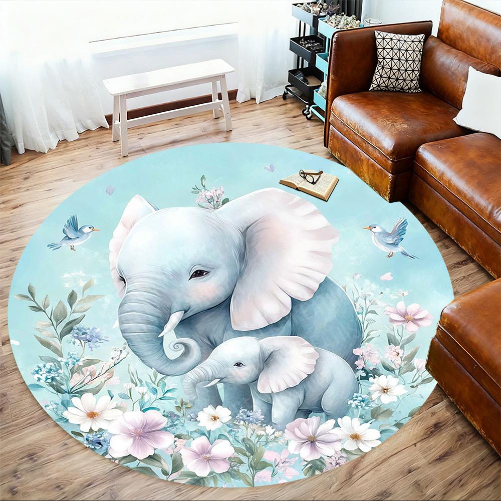 1PC Elephant Family Flowers Office Round Area Rug, Under Office Chairs Bedroom Living Room Home Decor, Carpet for Office -1110080