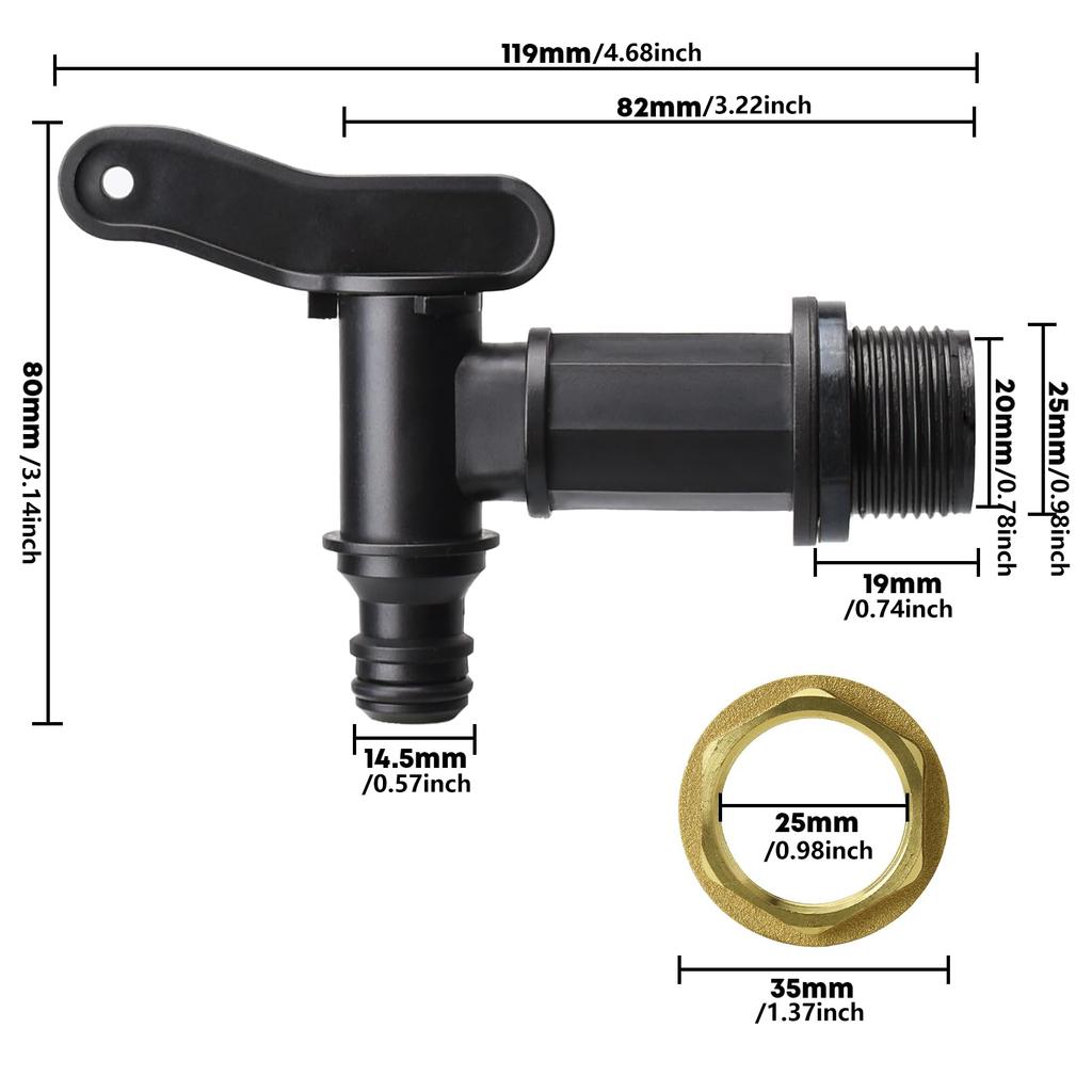 2Pcs Tank Tap Adapter Replacement Water Tap with Brass Nut 3/4in Water Butt Tap Coarse Thread Garden Water Tanks Faucet