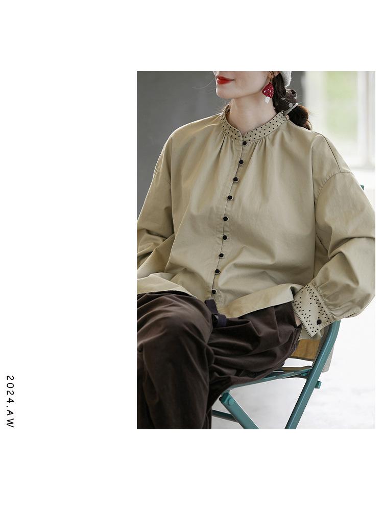 Original Women's Retro Green Hemp Stand-up Collar Embroidered Casual Shirt - New Chinese Style