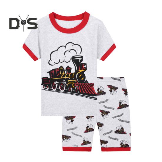 

2 шт./комплект детский топ брюки костюм мультфильм поезд принт O-образный вырез короткий рукав летний AC наряд унисекс повседневная домашняя одежда 7T серый