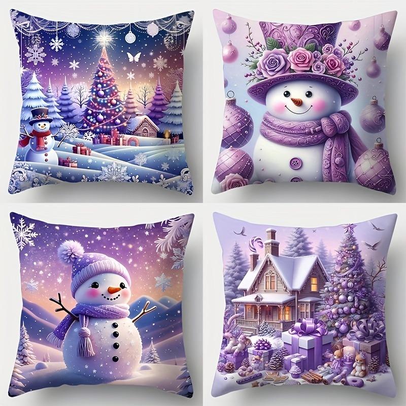 Christmas Purple-Themed Pillowcases: Snowmen, Trees & Cozy Cottages for Festive Decor! Sofas, Bedroom Pillow Covers