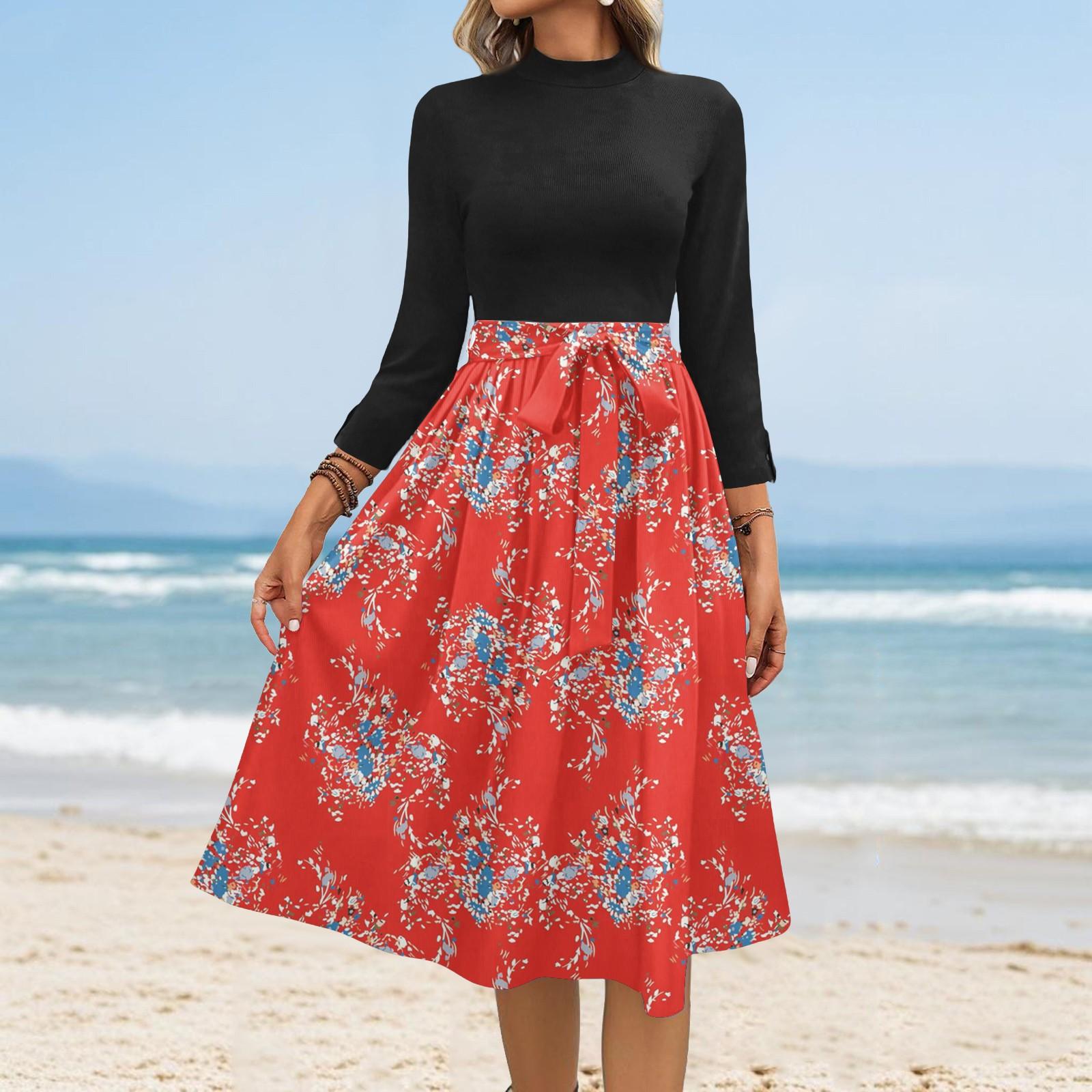 

Женские модные повседневные платья с рукавом семь восьмых, круглым вырезом, цветочным узором, темпераментные L киноварь