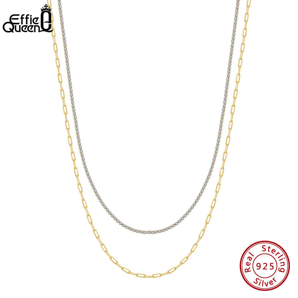 EFFIE QUEEN 925 Sterling Silver Tennis Layered Chain Necklace Simple Paperclip Stacked Chain Choker Trendy Accessories BQN48