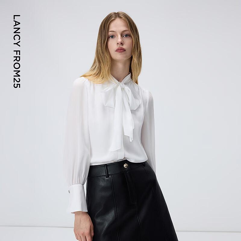 Langzi Women's White Tie-Neck Long Sleeve Blouse