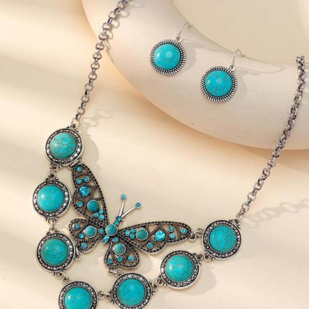 Exaggerated Bohemian Vintage Turquoise Butterfly Necklace Earrings Set Ornament