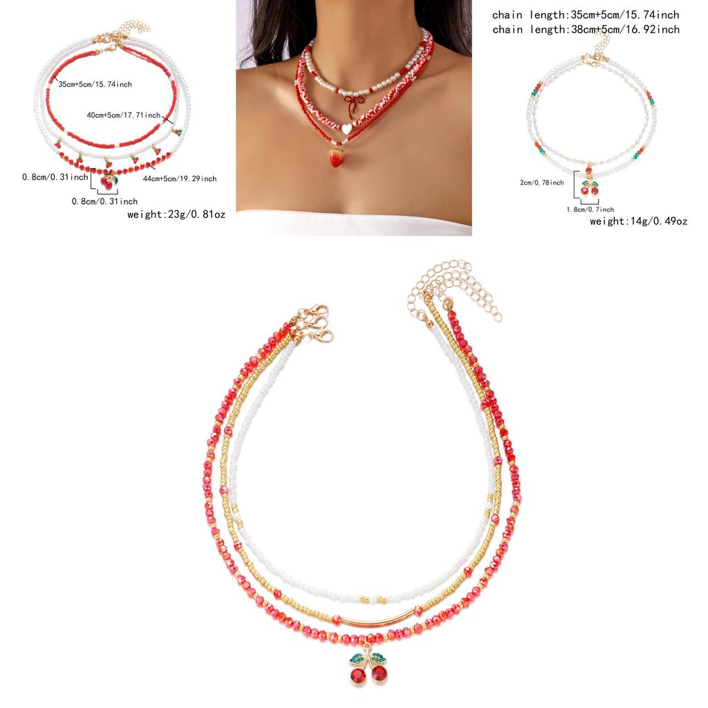 Ensemble collier et ras-de-cou ras-de-cou à plusieurs rangs de perles, pendentif fraise d'été pour femme