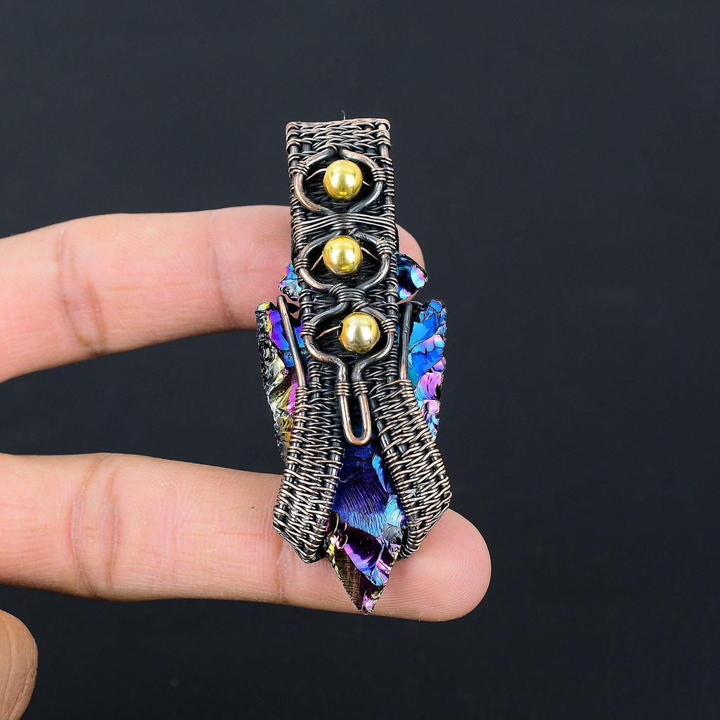 Titanium Druzy Gemstone Pure Copper Wire Wrapped Handmade Jewelry Pendant Gift