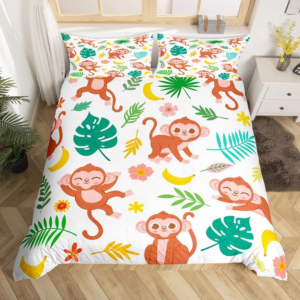 Cute Monkey Bedding Set Full Twin Cartoon Banana Stars Duvet Cover Tropical Wild Animal Fruit Comforter Cover Yellow Quilt Cover