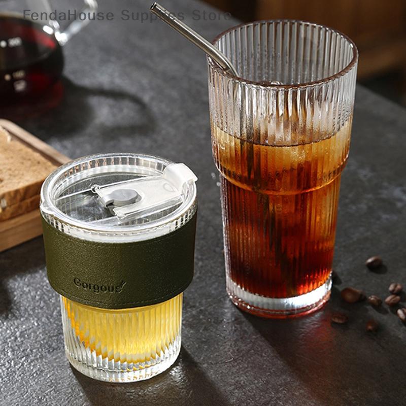 600ml Vysokoprofilový Horizontální Hrnček se Slamkou a Víčkem - Vertikální Hrnček na Vodu pro Ledové Americano A Latte Nápoje