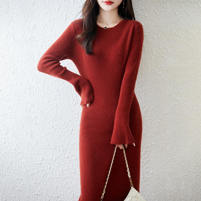Women Sweater Dress 100% Wool MODERN NEW SAGA O-neck Knit Long Pullover Winter Jumpers Wool Long Dress Female