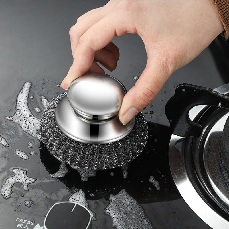Spazzola per pentole in acciaio inossidabile da cucina con manici Spazzola per pentole in metallo resistente con sfera in filo per lavare i piatti Strumento per la pulizia di pentole e padelle in casa