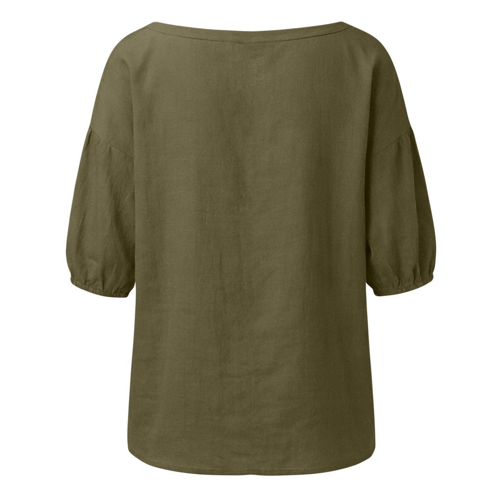 Damen Sommer Mode Farbe Quadratischer Kragen Knopf Fünf Viertel Ärmel Hemd Lässiger Pullover Top