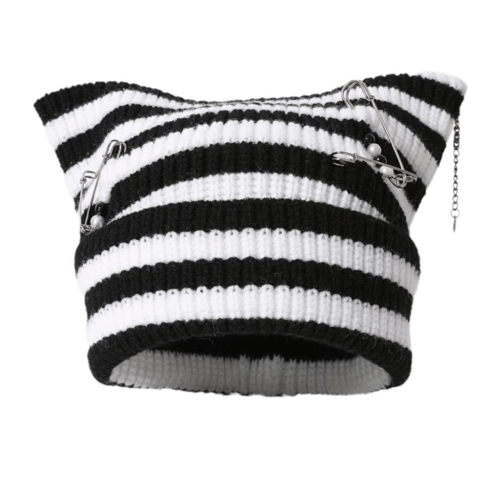Verdickte Katzenohren-Mütze Polyester Warme Mütze Y2K Gothic Gestrickte Gestreifte Mütze Outdoor