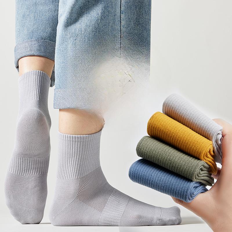 5 Pairs of Thin Antibacterial Four-season Mid-calf Mesh Cotton Socks, Pure Cotton Sweat-absorbing Men's Business Solid Color Combination