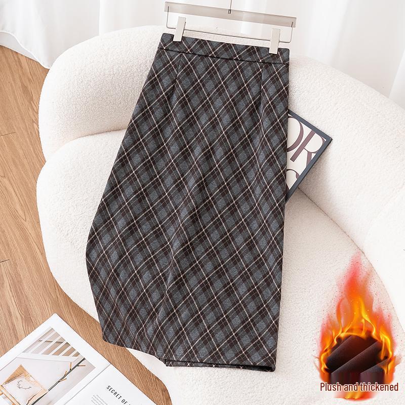 Women's Flocked Plaid Skirt 2026: Winter Elastic High Waist A-line Hip-Covering Skirt