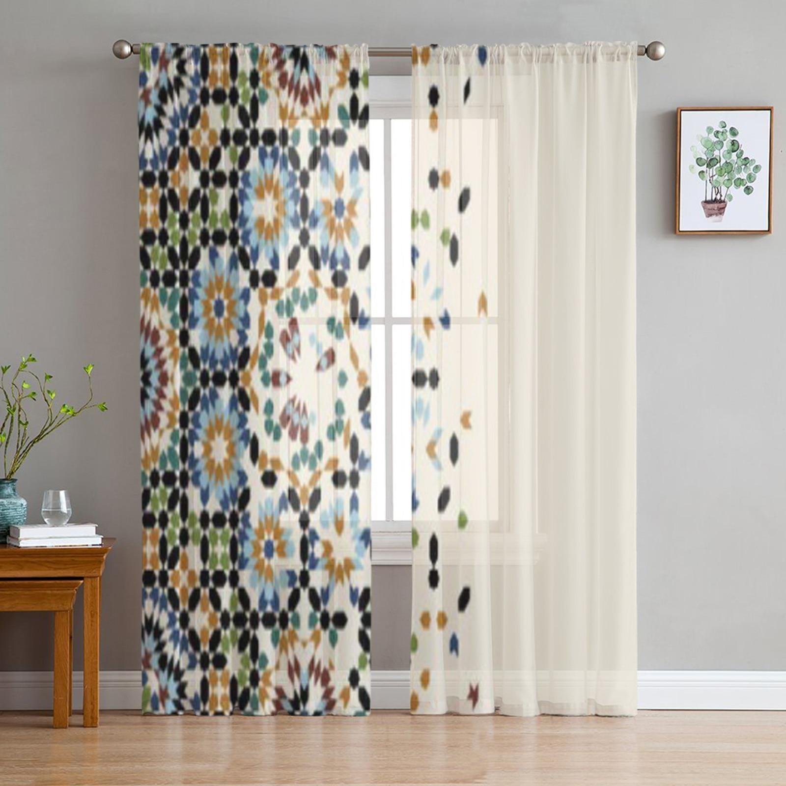 

Тюлевые шторы с марокканским орнаментом для гостиной, спальни, окна, прозрачные шторы, кухня, балкон, вуаль, шторы 135W x 183H(cm)x2