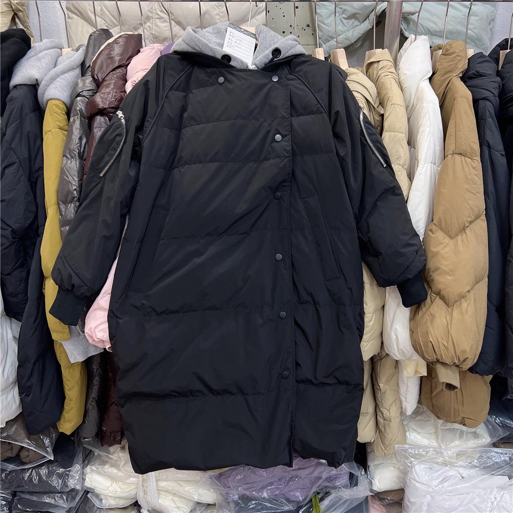 2023 Winter Women's Hooded Down Jacket with Faux Two-Piece Sweatshirt Patchwork, Trendy Mid-Length Over-the-Knee Style