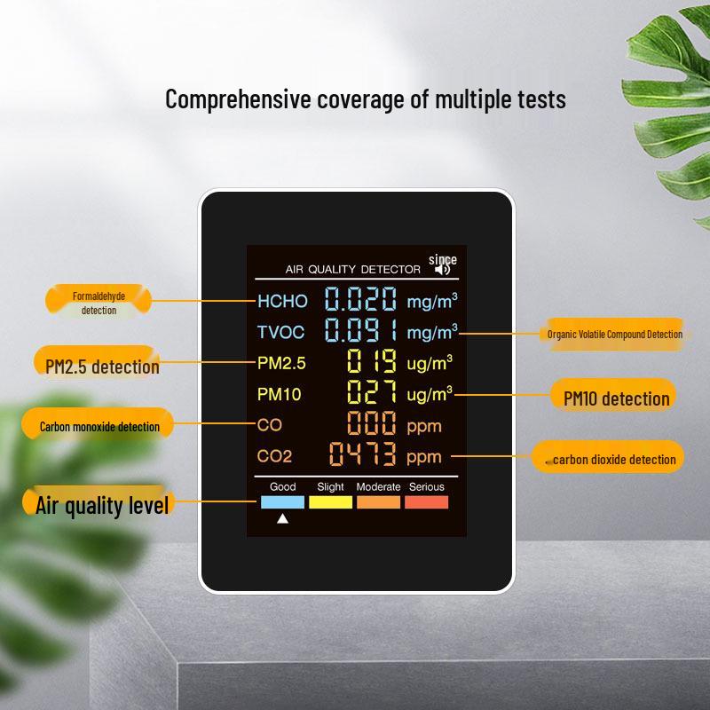 6-in-1 Indoor Air Quality Monitor: Formaldehyde, Humidity, Temperature, CO2 Detector
