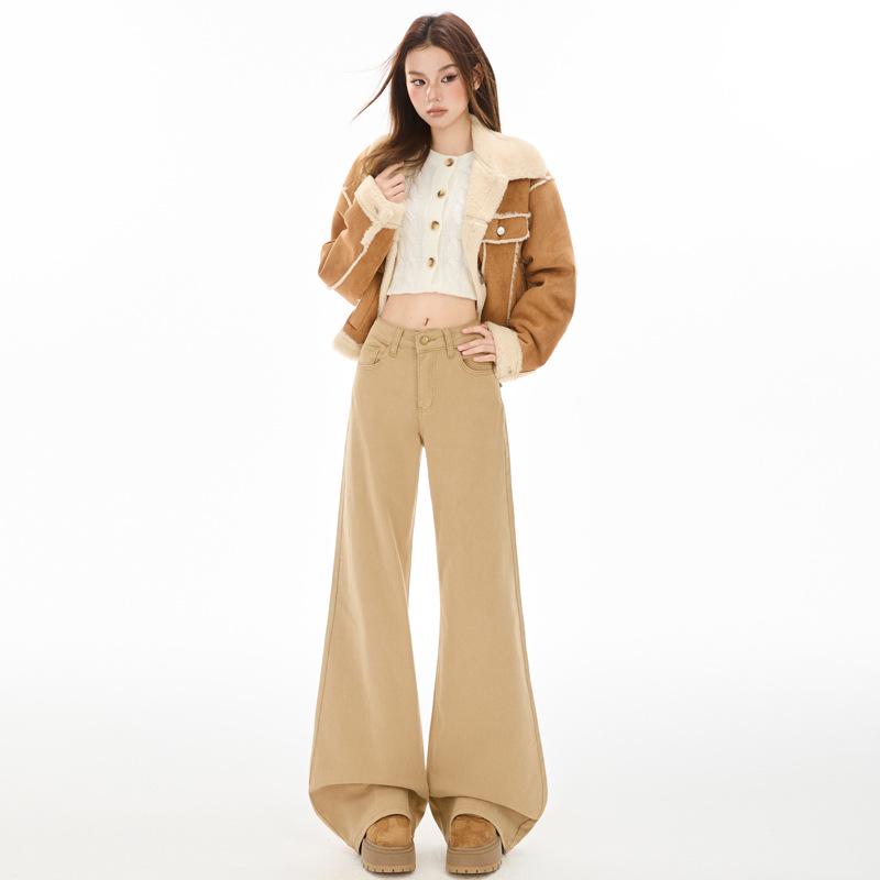 Women s Low-Rise Khaki Micro-Flare Jeans – Slimming, Stretchy, Loose-Fit, Floor-Length Winter Pants Khaki Extra Long Standard