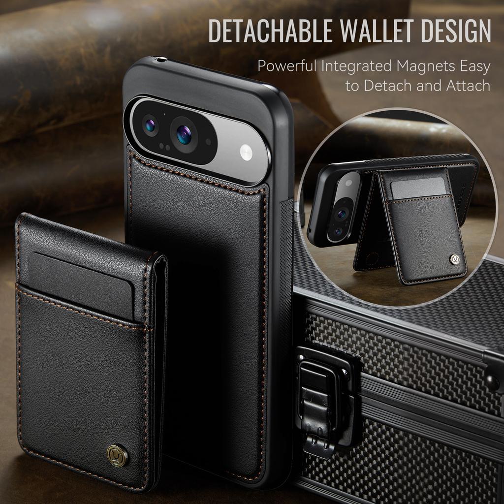 For Google Pixel 9 Pro/Google Pixel 9 Leather Back Cover Compatible with MagSafe JEEHOOD J06 Phone Case with Card Bag RFID Blocking