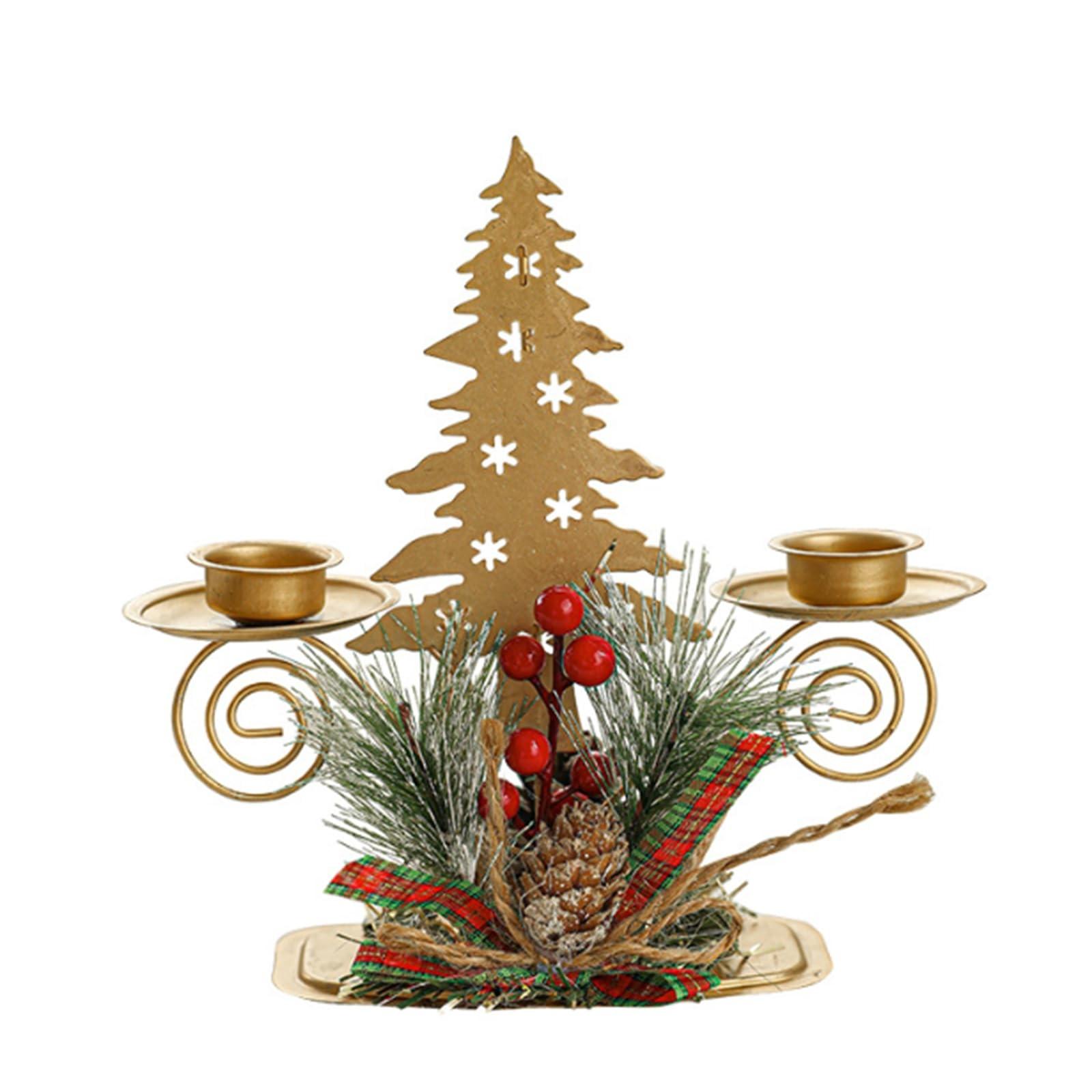 

Подсвечник в виде золотой рождественской елки с ягодами и кедровыми орешками, подсвечник с 2 фитилями для праздничного украшения рабочего стола. One Size
