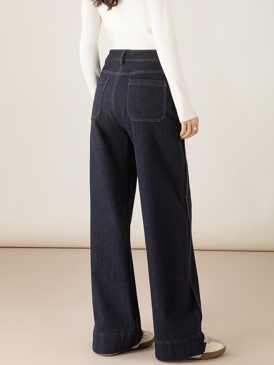 Women s Wide-Leg Dark Blue Denim Jeans, Straight Cut, New for Autumn/Winter, Brushed Thin Fleece, Loose Fit 29